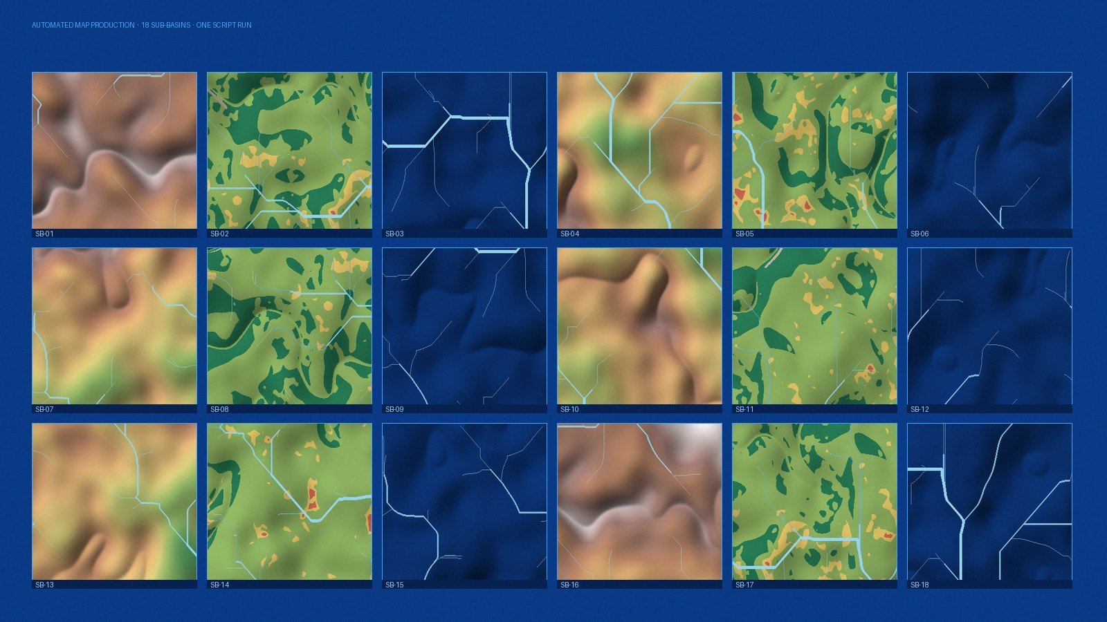 Eighteen sub-basin map sheets generated automatically in one script run
