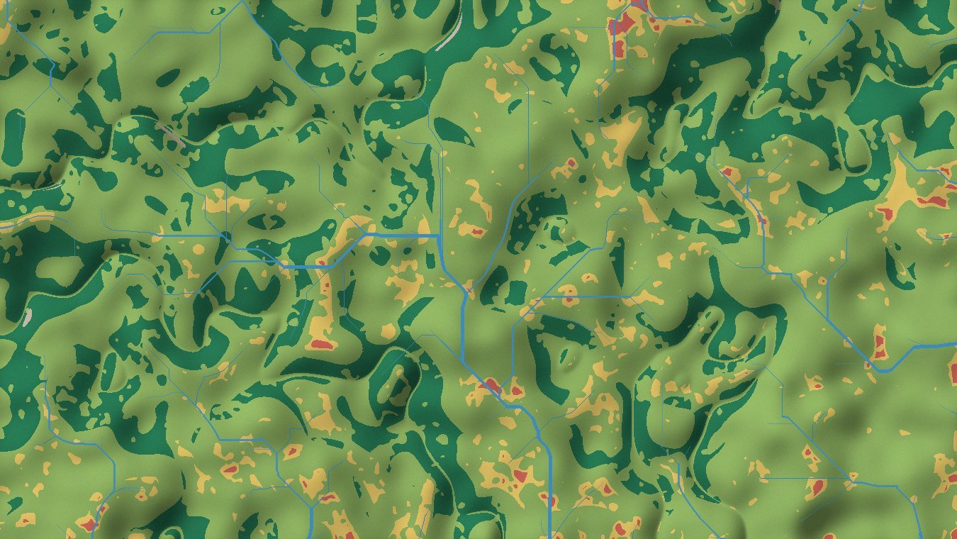 Classified land-cover map showing forest, cropland, shrub, bare rock, built-up areas and water over shaded terrain
